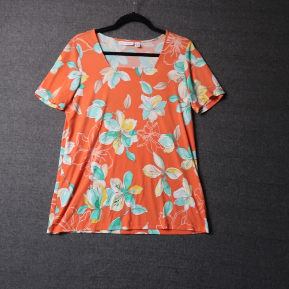 Susan Graver Womens Small Orange Blue Floral Short Sleeve Blouse Square Neckline